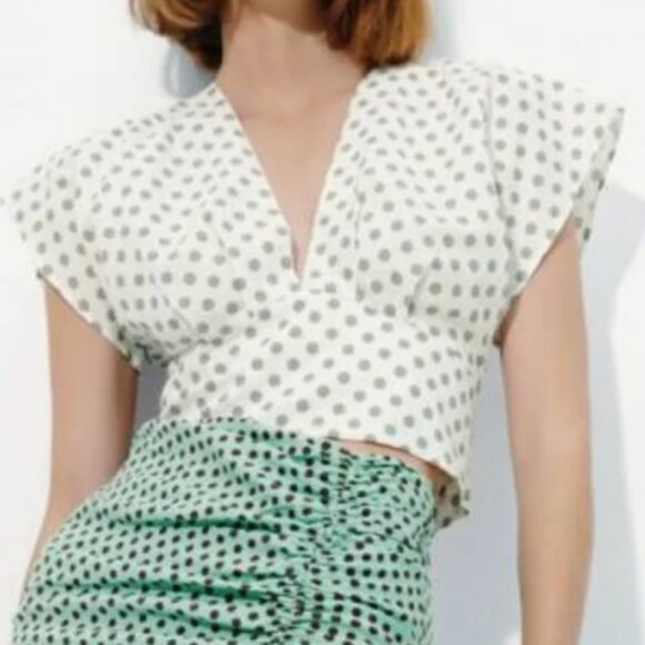Zara Linen Top polka dot crop womens Cream Green (large) chic minimalist resort - Picture 4 of 7